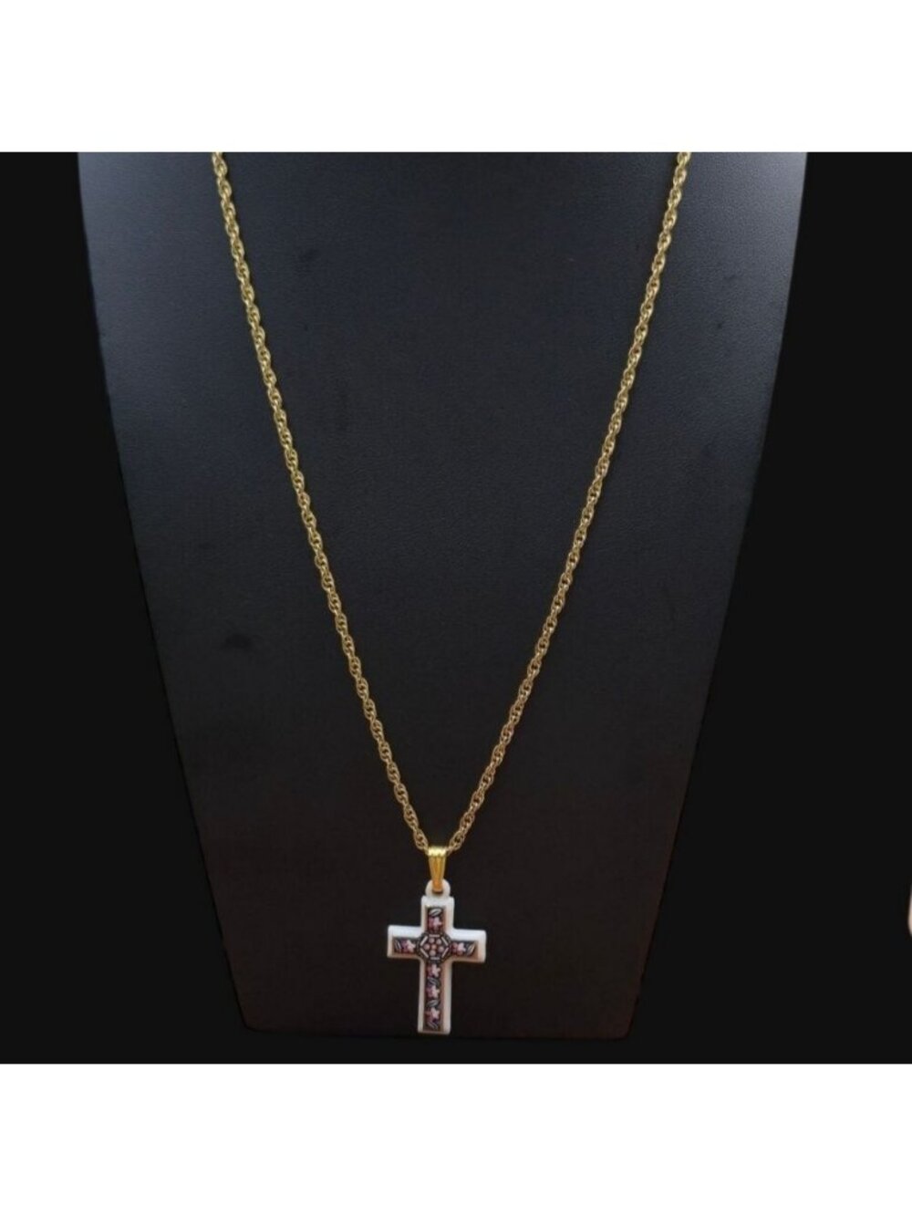 Vintage Ceramic Cross Pendant Necklace With Floral Painted Design & Gold-Tone Ch - Picture 9 of 12